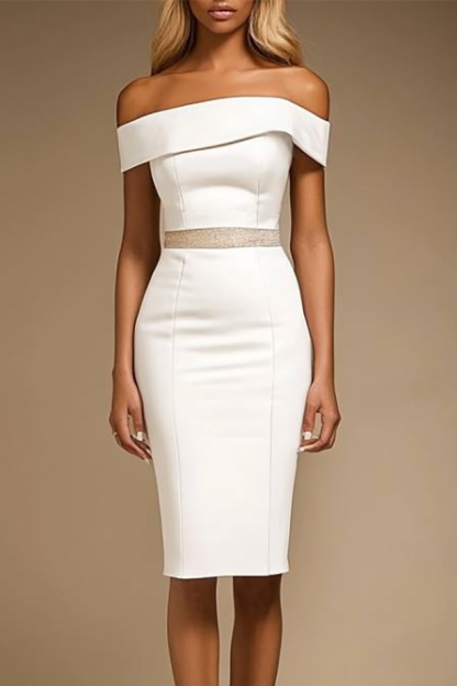Semi-Formal Party Dress Off-Shoulder Gold Waist Detail Knee-Length Dress
