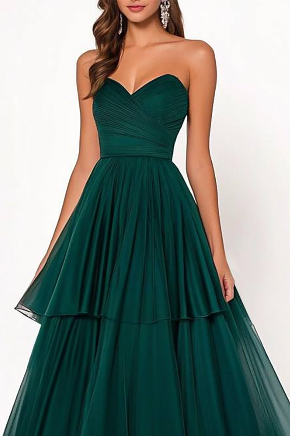 Formal Evening Gown Dark Green Mesh Strapless Multi-Layer Pleated Maxi Dress