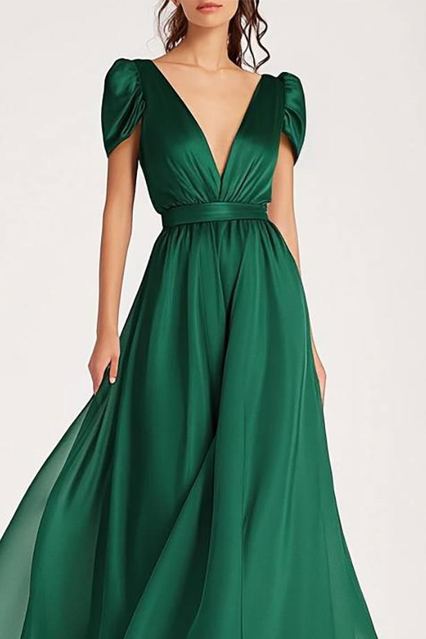 Formal Party Dress Dark Green Chiffon Deep V-Neck Puff Sleeve Maxi Dress