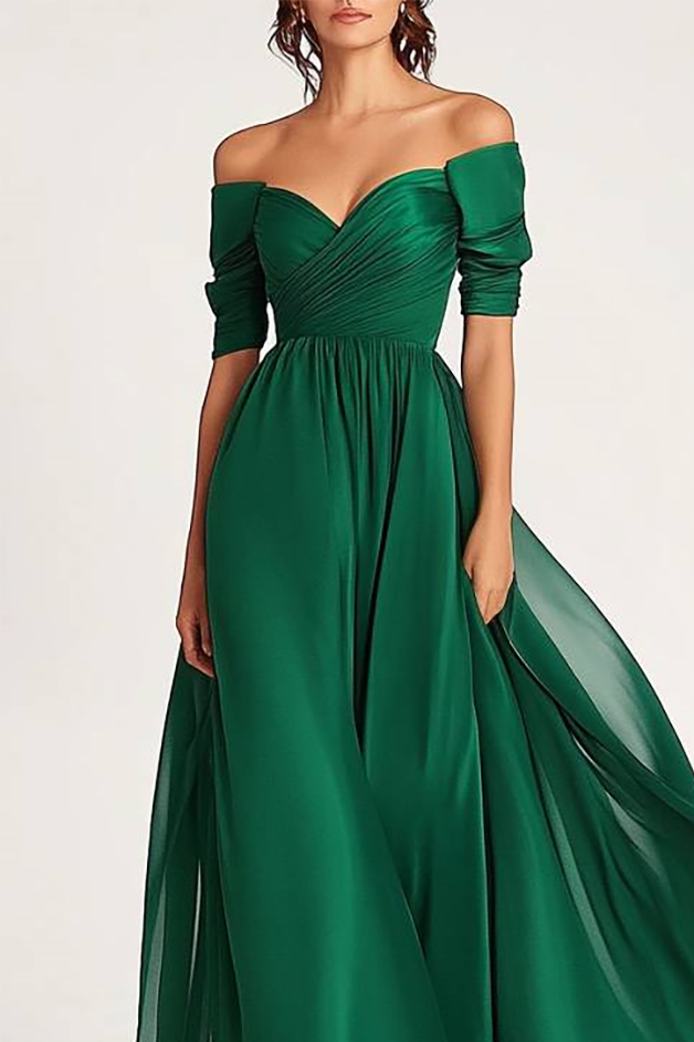 Formal Evening Gown Dark Green Off-Shoulder Chiffon Short Sleeve Maxi Dress