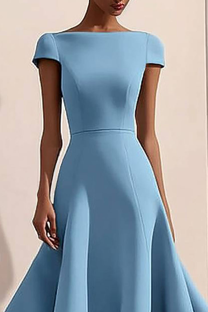 Cocktail Party Dress Boat Neck Light Blue Midi Dress