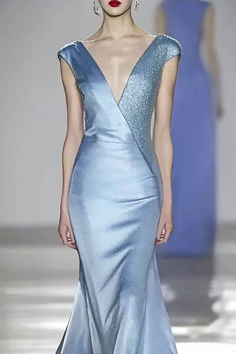 Formal Evening Gown Blue Deep V-Neck Sleeveless Mermaid Floor-Length Dress