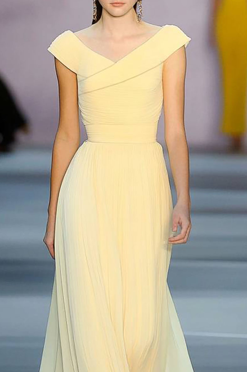 Formal Prom Dress Light Yellow Cross Neck Chiffon Floor-Length Dress
