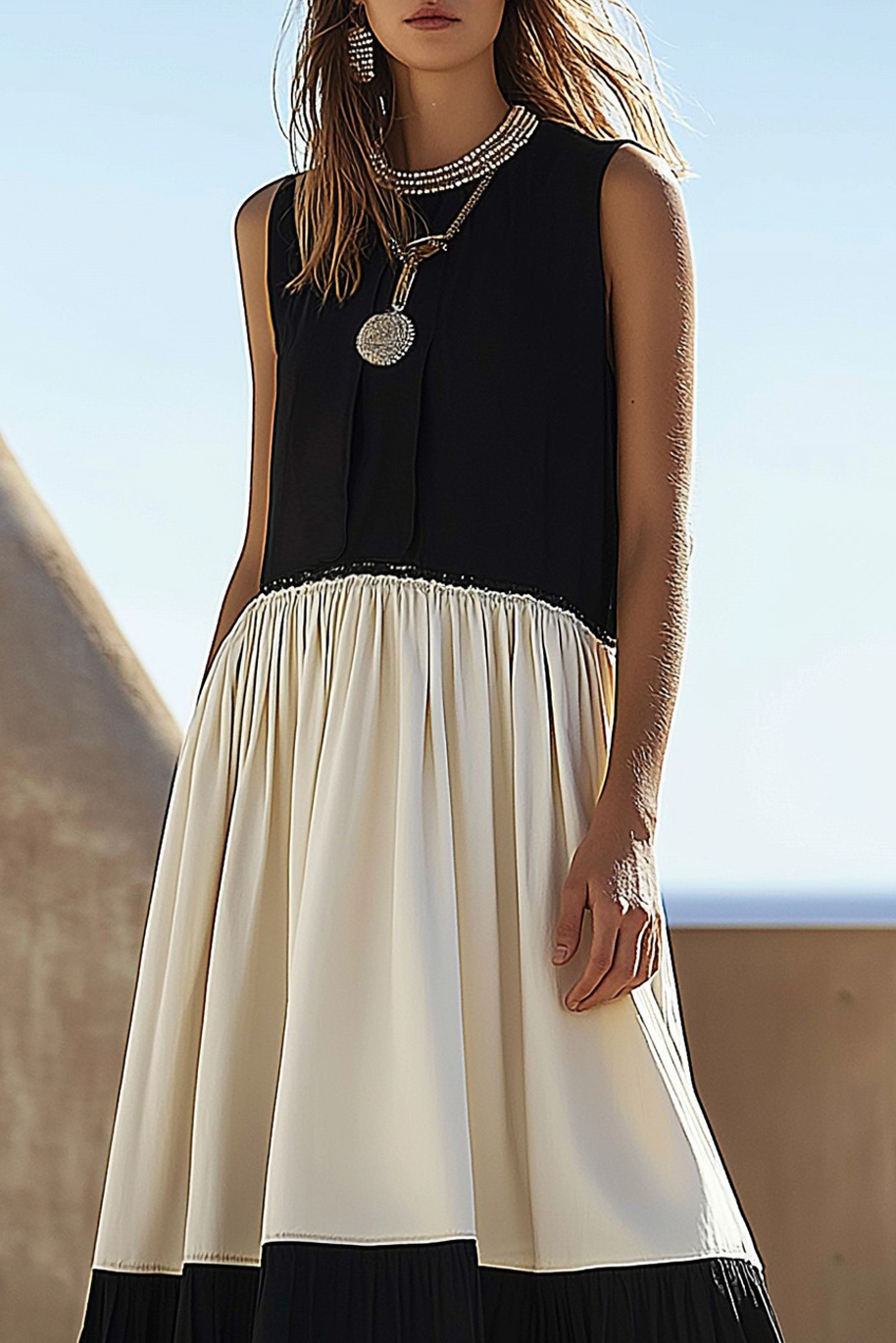 Casual Linen Dress Black White Colorblock Round Neck Sleeveless Maxi Dress