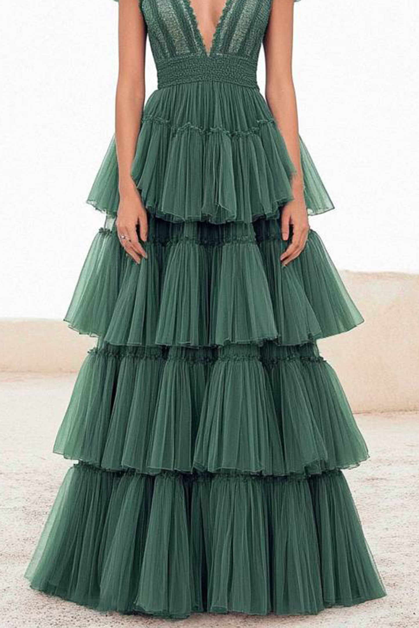 Cocktail Party Dress Green V-Neck Ruffle Multi-Layer Maxi Dress