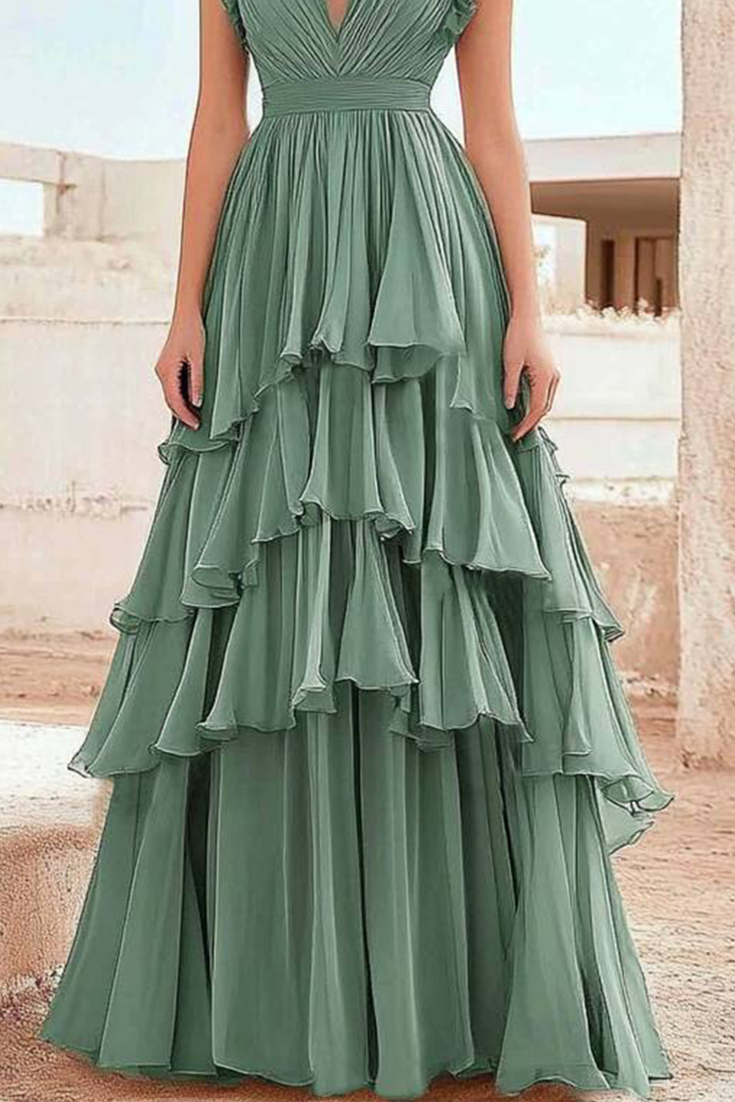 Party Prom Dress Green Ruffle Pleated V-Neck Floor Length Dress