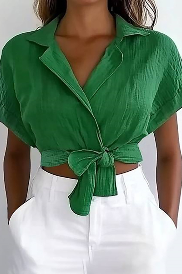 Casual Daily Top Green Linen Collared Short-Sleeve Crop Shirt
