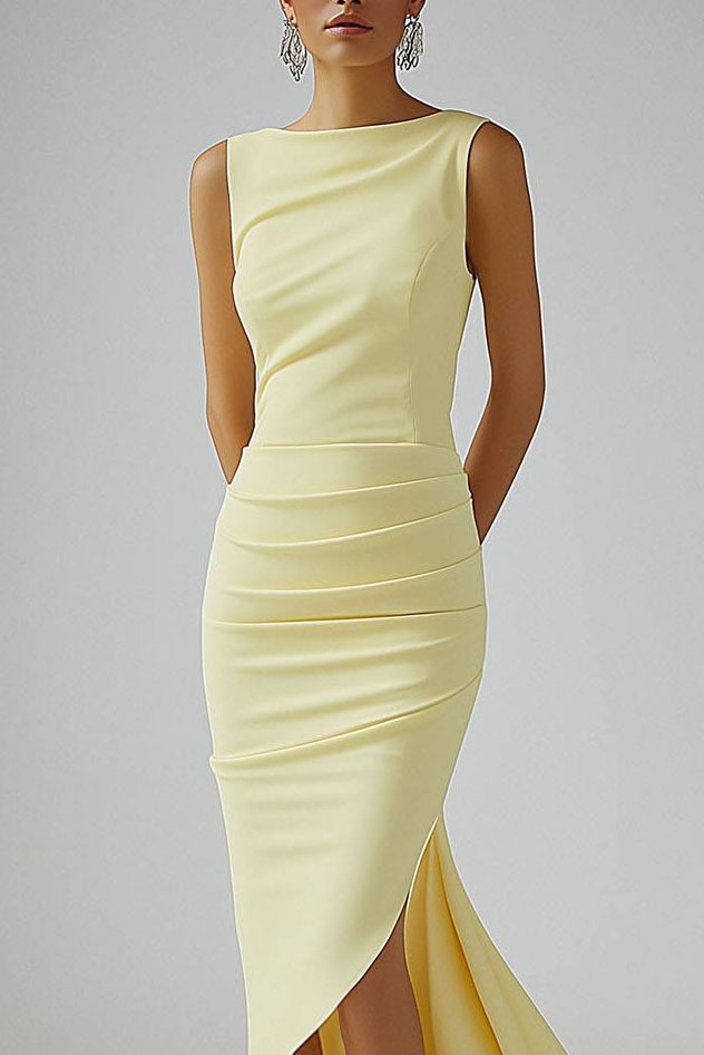 Cocktail Party Dress Light Yellow Sleeveless Ruched Asymmetrical Midi Dress