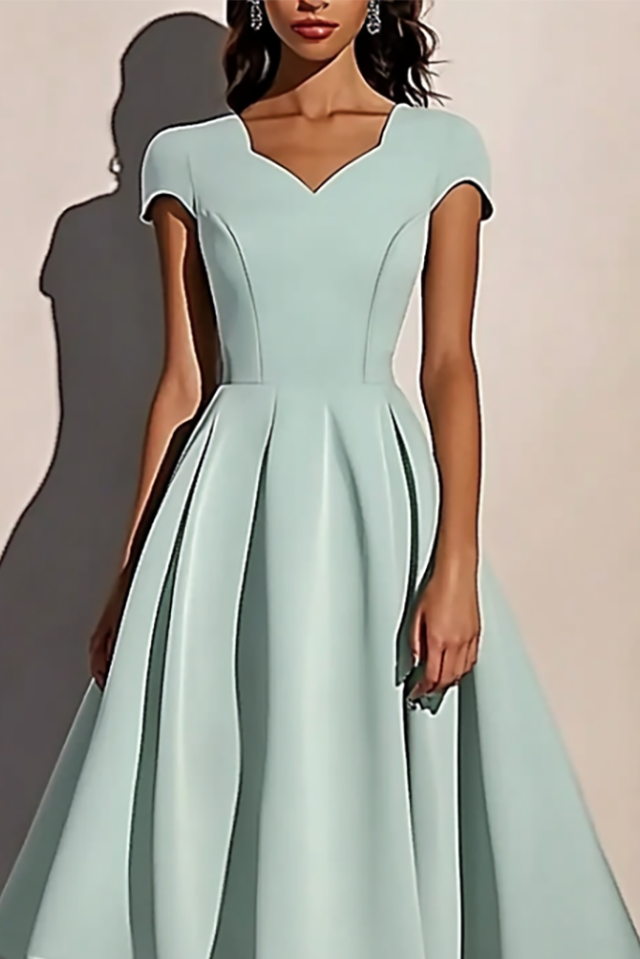 Cocktail Party Dress Light Green V-Neck Short Sleeve Flowy Midi Dress