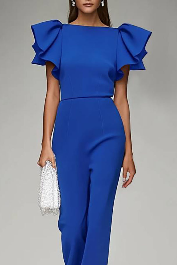 Evening Party Jumpsuit Dark Blue Puff Sleeve Flare Long Pants