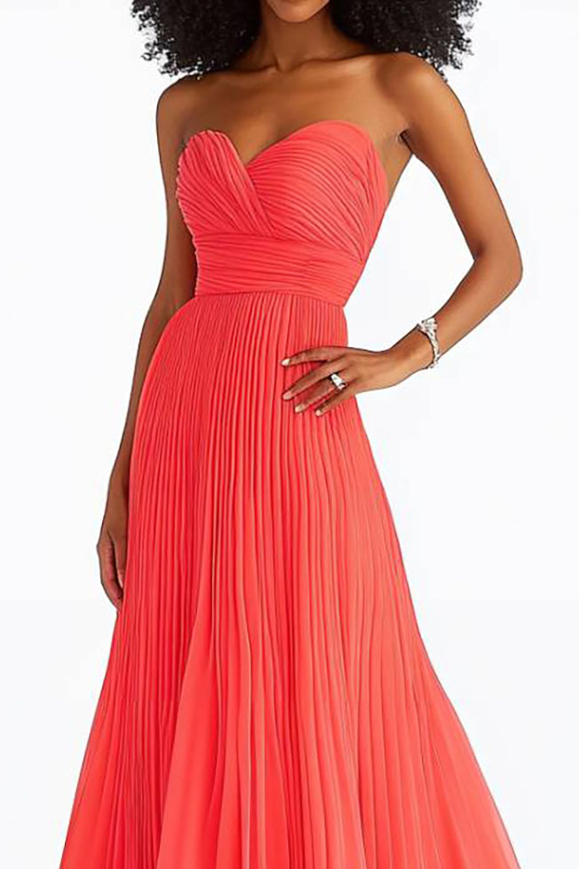 Formal Evening Strapless Dress Pleated Orange Floor-Length Dress
