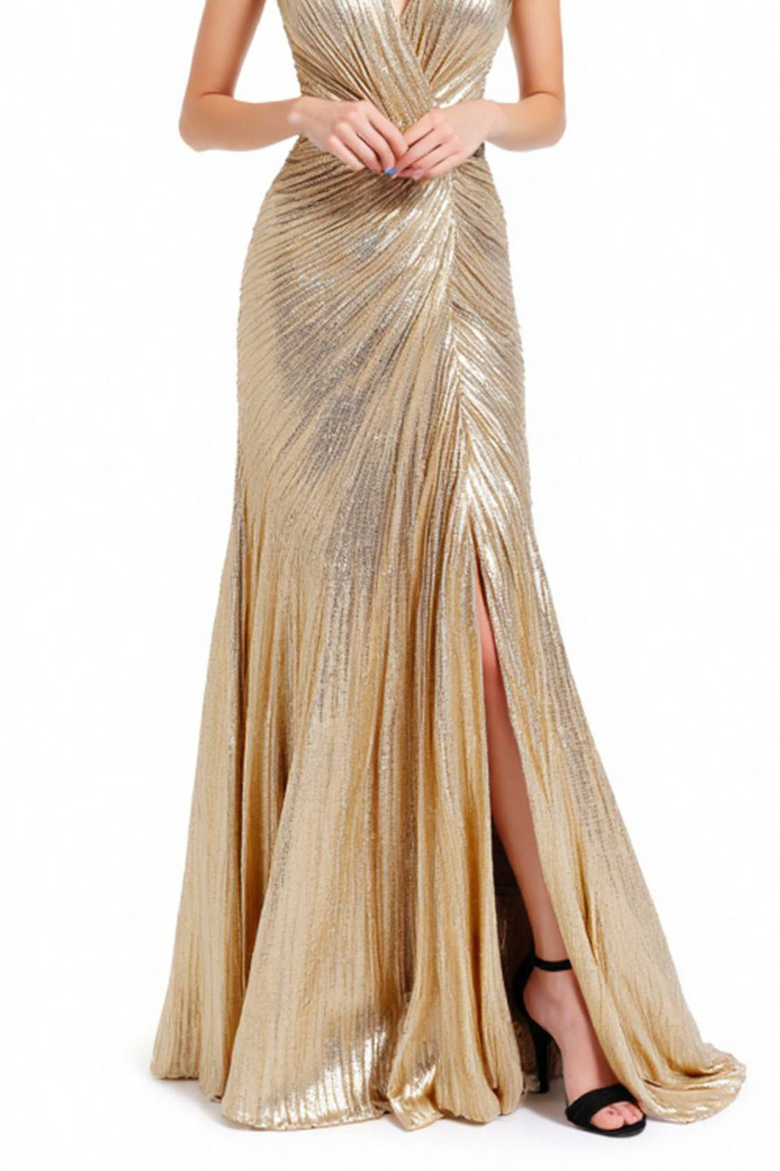 Formal Evening Gold Dress Pleated Sleeveless Metallic V-Neck Slit Floor-Length Dress