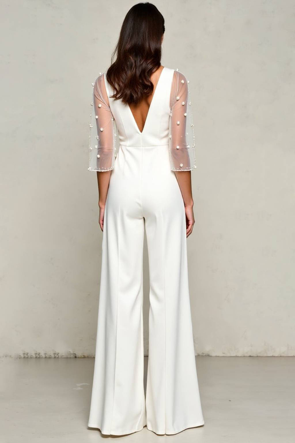 Cocktail Party Jumpsuit White Deep V Sheer Half Sleeve Pearl Wide-Leg Pants