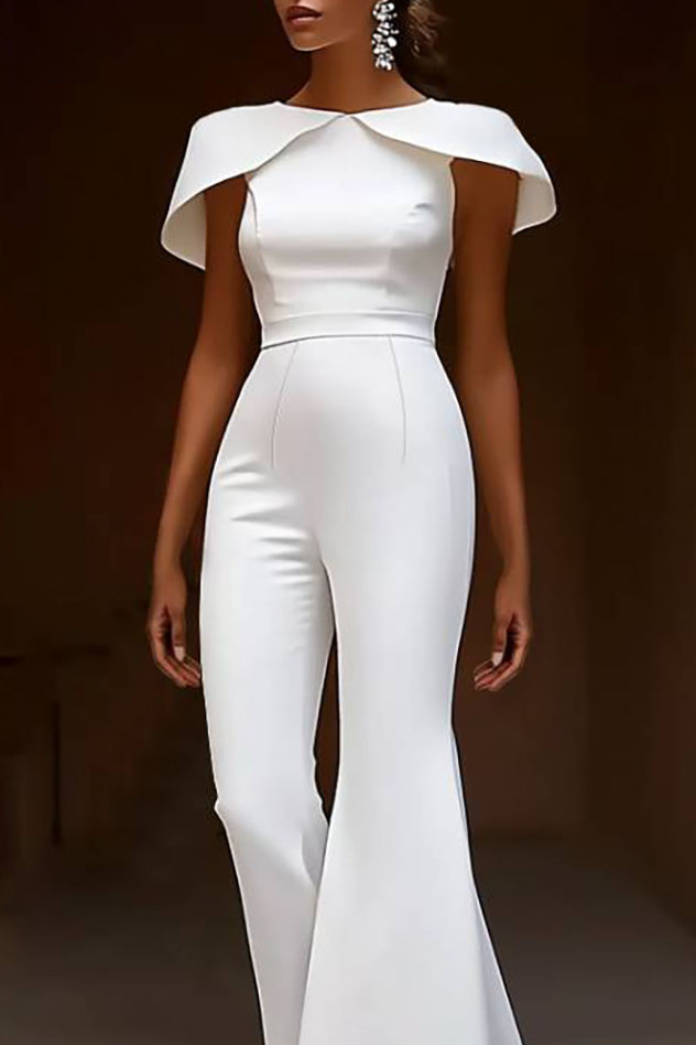 Evening Party Jumpsuit White Cape Sleeve Round Neck Flare Pants
