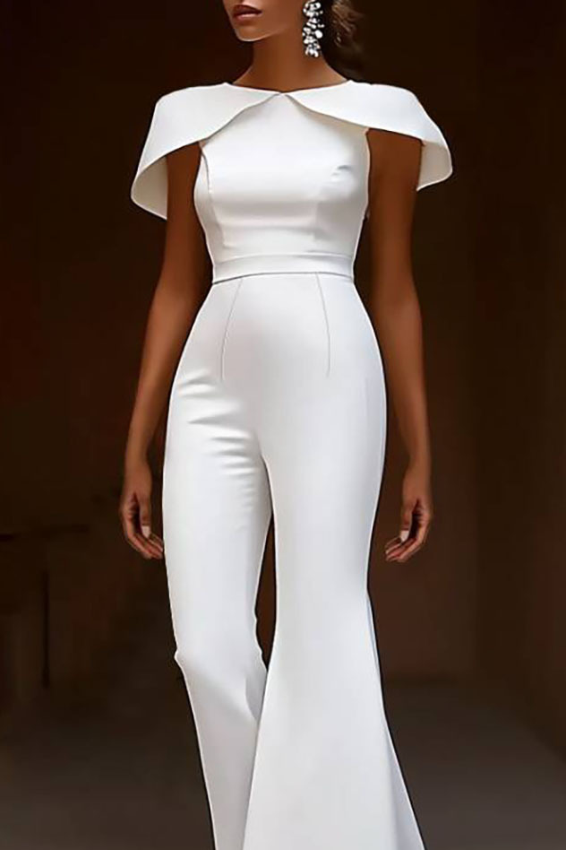 Evening Party Jumpsuit White Cape Sleeve Round Neck Flare Pants