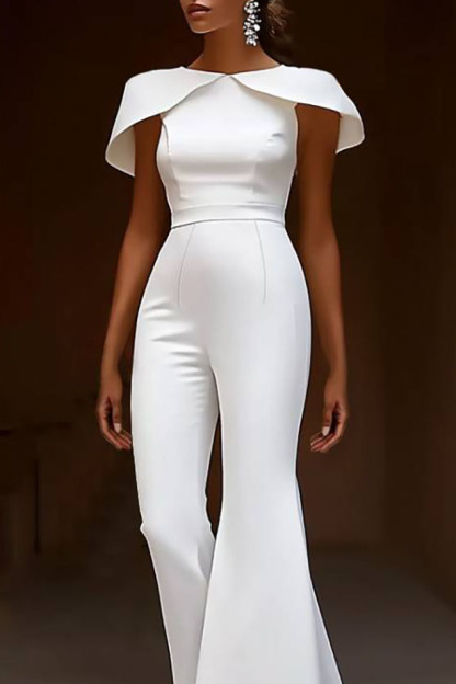 Evening Party Jumpsuit White Cape Sleeve Round Neck Flare Pants