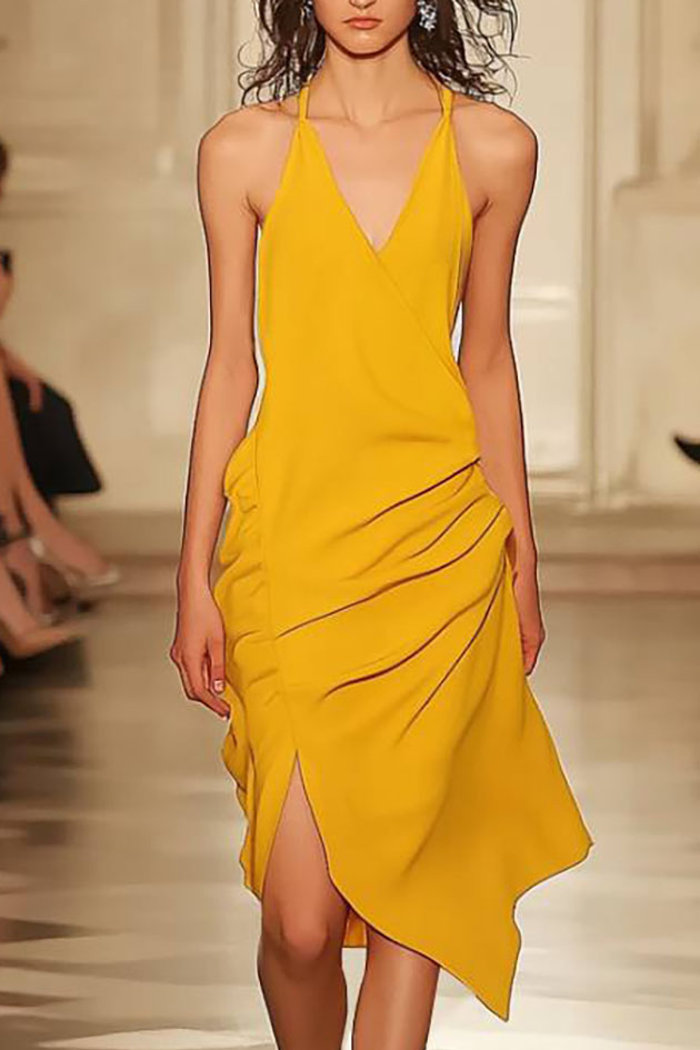 Cocktail Party Spaghetti Strap Dress Yellow V-Neck Slit Asymmetrical Midi Dress