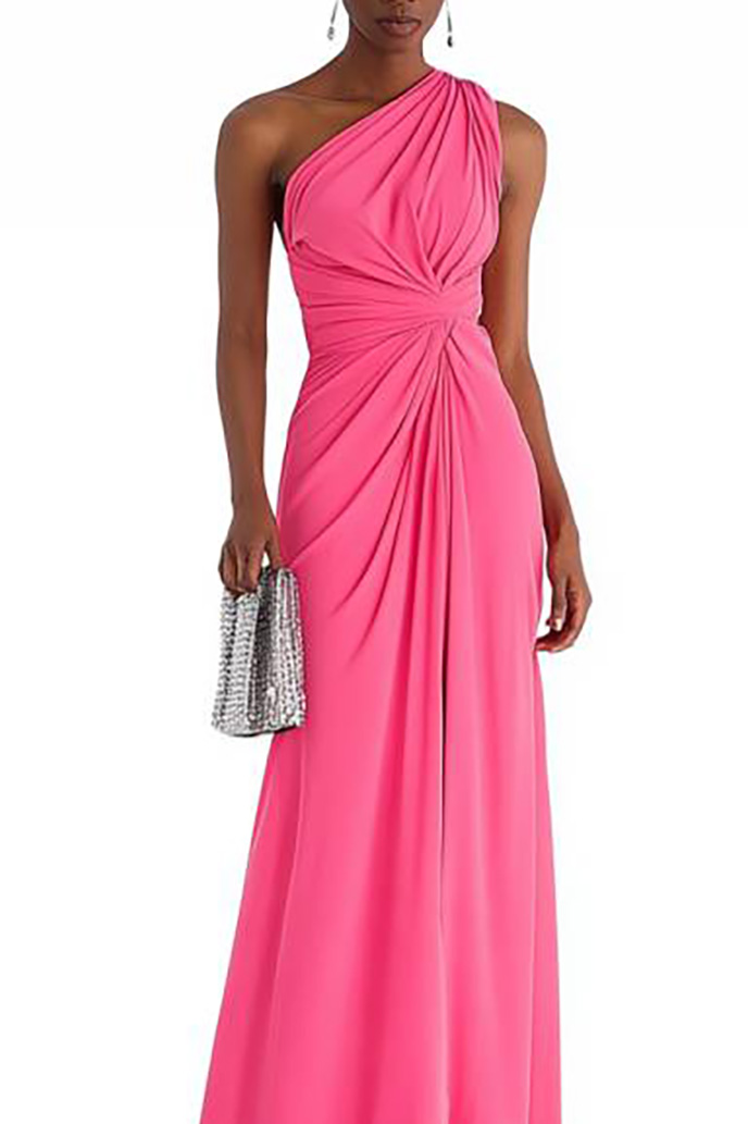 Semi-Formal Party Dress Pink One Shoulder Ruched Maxi Dress