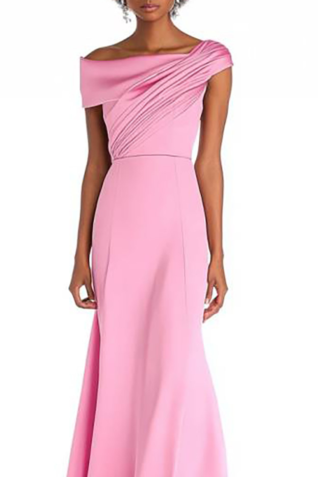 Semi-Formal Cocktail Dress Pink Asymmetrical Sleeve Ruched Maxi Dress