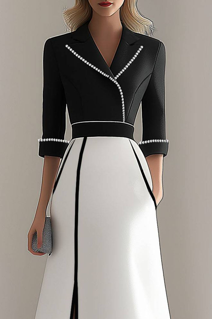 Elegant black and white office dress with pearl lapel