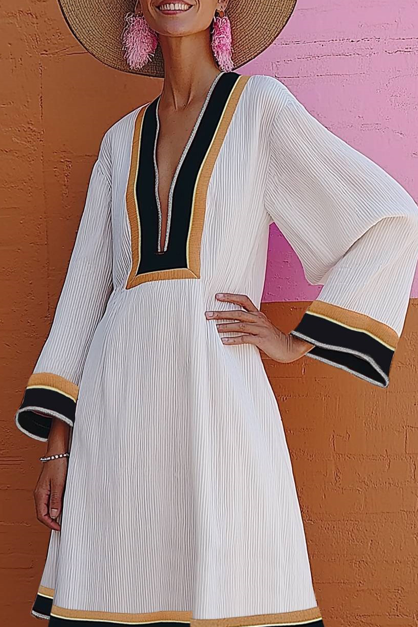 Bohemian Casual Dress White Deep V Knee-Length Dress