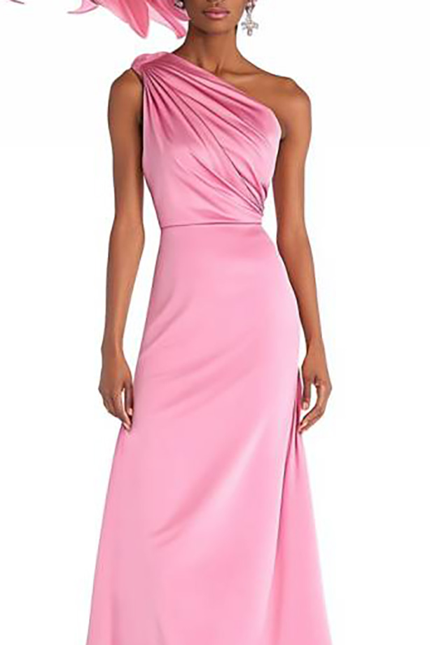 Cocktail Party Satin Dress Pink One Shoulder Ruched Maxi Dress
