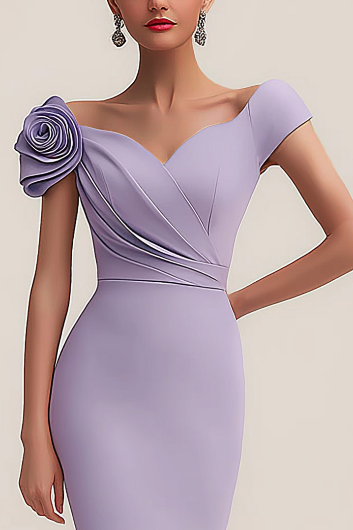 Wedding Guest Dress Purple Sweetheart Neck Floral Knee-Length Dress