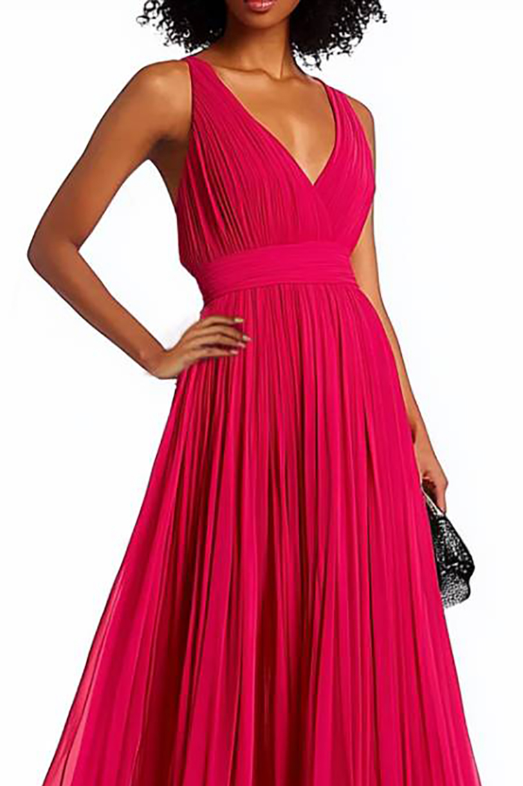 Cocktail Party Dress Rose Red Sleeveless V-Neck Maxi Dress