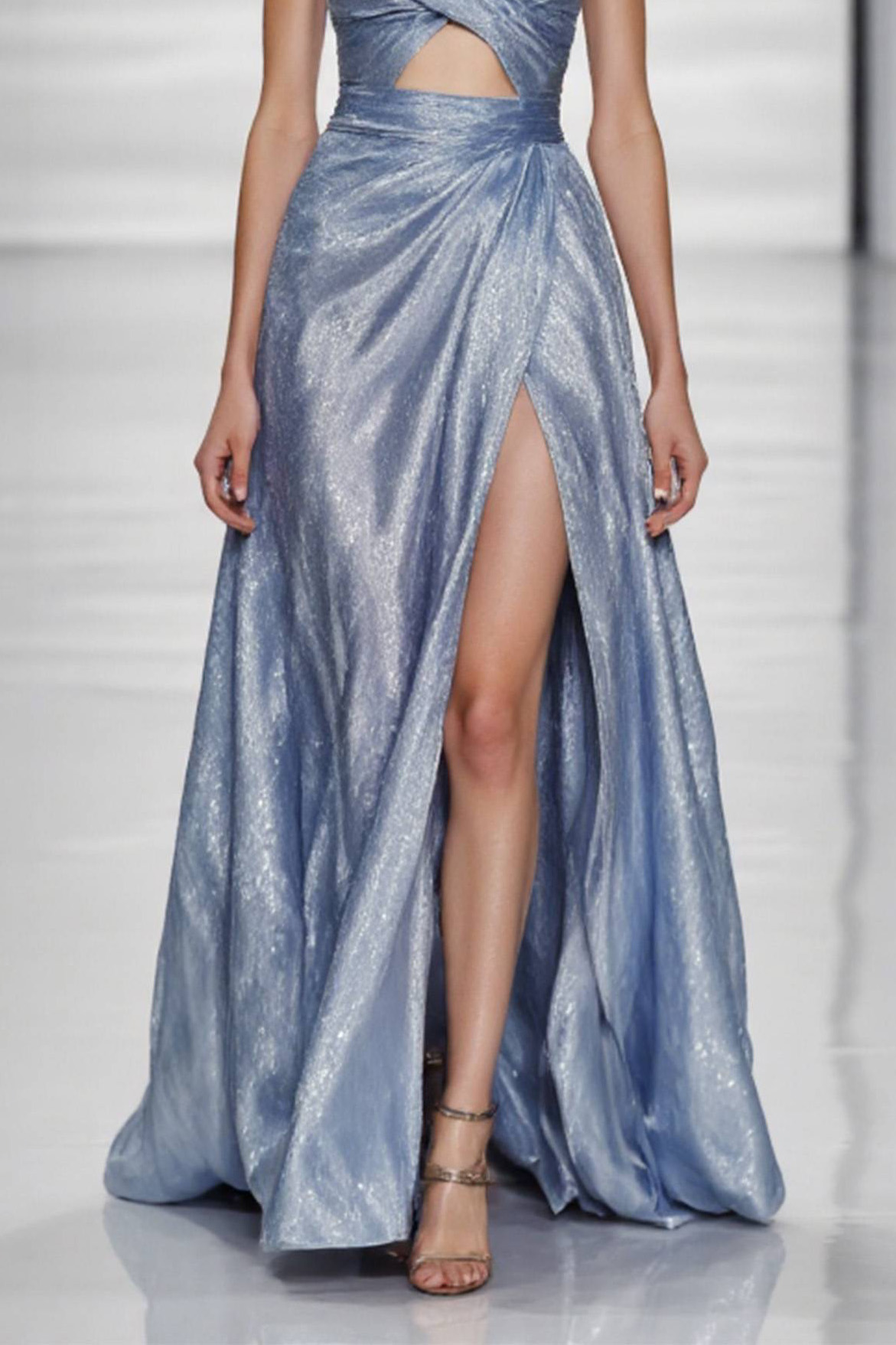Graduation Party Spaghetti Strap Dress Blue Glossy High Slit Floor-Length Dress