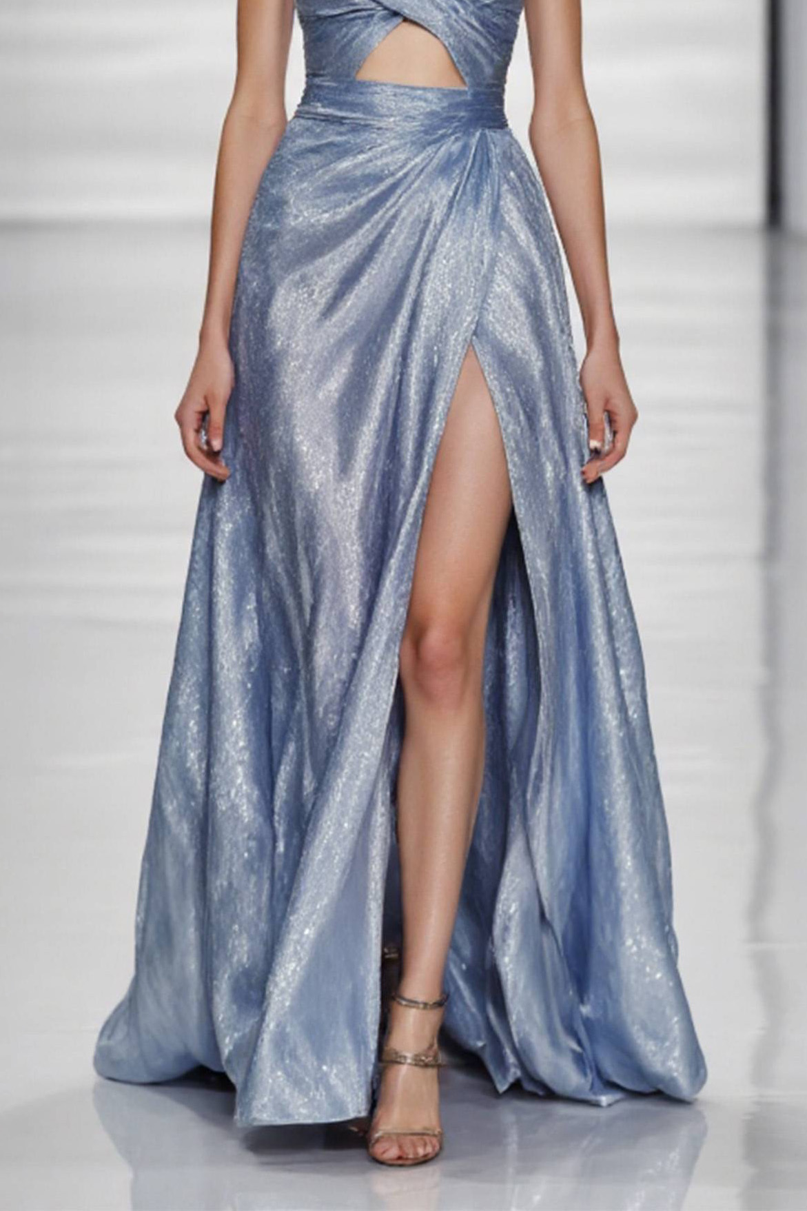Graduation Party Spaghetti Strap Dress Blue Glossy High Slit Floor-Length Dress