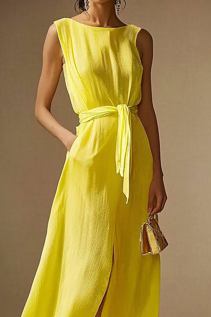 Daily Casual Dress Yellow Sleeveless Round Neck Slit with Pockets Maxi Dress