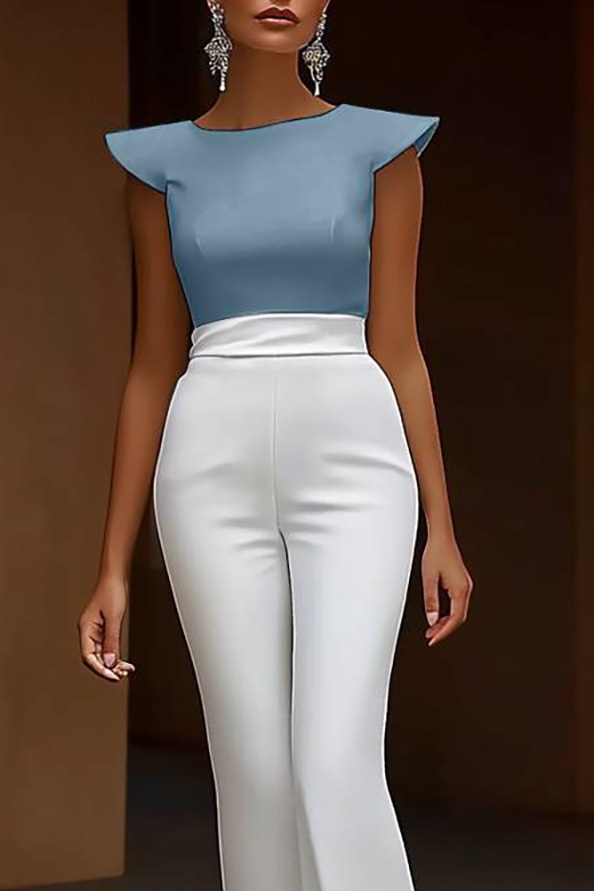 Semi-Formal Work Jumpsuit Blue and White Color-block Round Neck Flared Pants