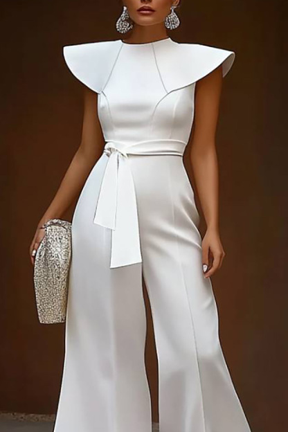Semi-Formal Work Jumpsuit White Round Neck Belted Wide-Leg Pants