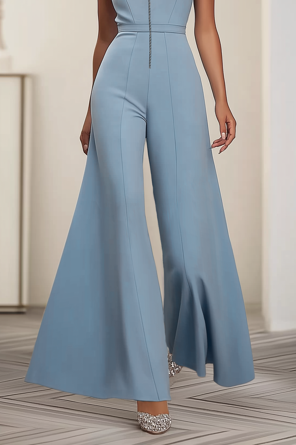 Semi-Formal Party Jumpsuit Blue Small Stand Collar Zipper Flared Pants