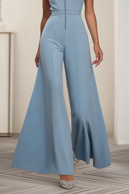 Semi-Formal Party Jumpsuit Blue Small Stand Collar Zipper Flared Pants
