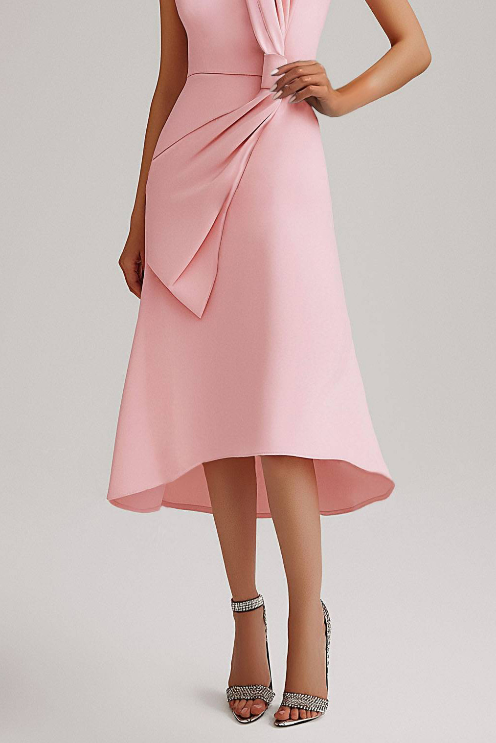 Wedding Guest Pink Dress Round Neck Sleeveless Bow Midi Dress