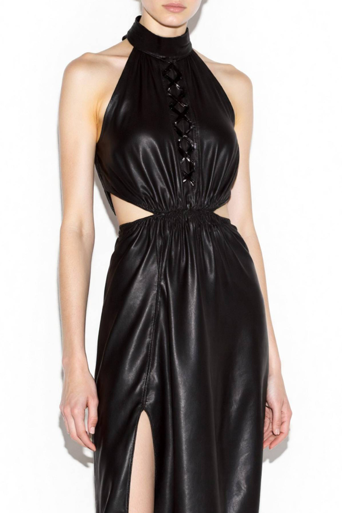 Cocktail Party Dress Halter Black Leather Cutout High Slit Knee-Length Dress