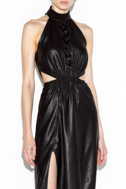 Cocktail Party Dress Halter Black Leather Cutout High Slit Knee-Length Dress