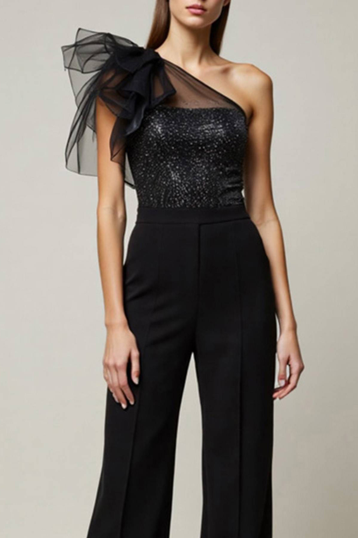 Cocktail Party Jumpsuit Black Mesh One-Shoulder Straight-Leg Pants