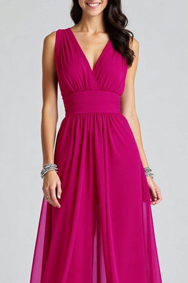 Semi-Formal Party Dress Fuchsia Sleeveless V-Neck Front Slit Chiffon Maxi Dress