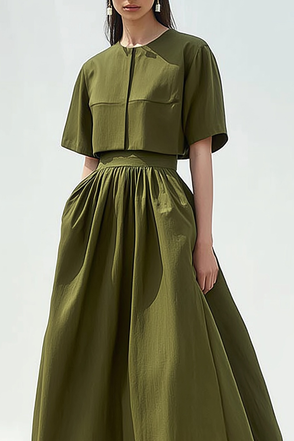 Casual Daily Linen Dress Green Round Neck Maxi Dress