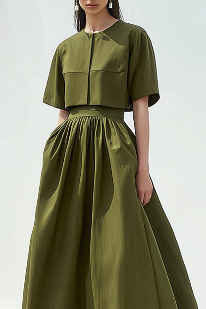 Casual Daily Linen Dress Green Round Neck Maxi Dress