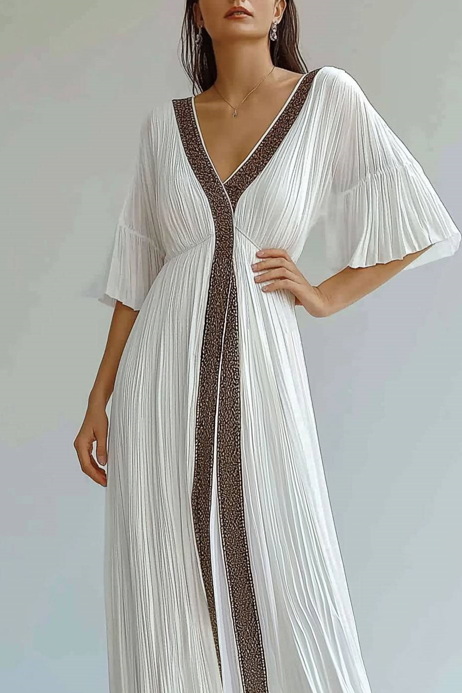 Bohemian Dress White V-neck Pleated Flowing Maxi Dress