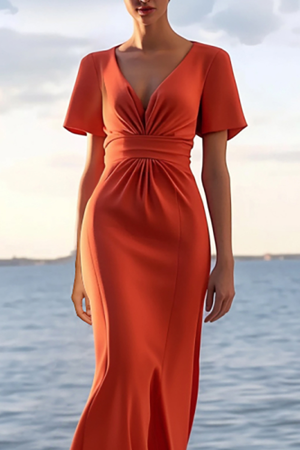 Semi-Formal Party Dress Orange Deep V Midi Dress