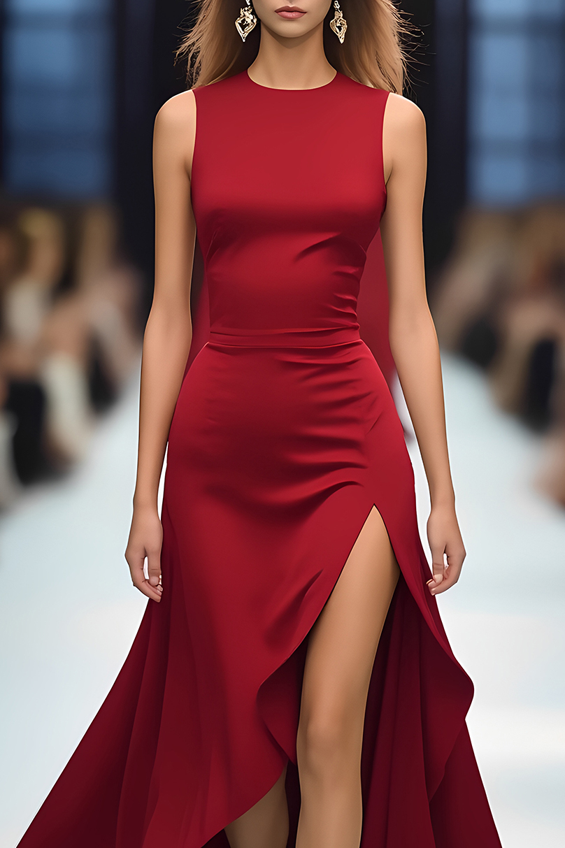 Semi-Formal Party Red Dress Round Neck Sleeveless Slit Gown