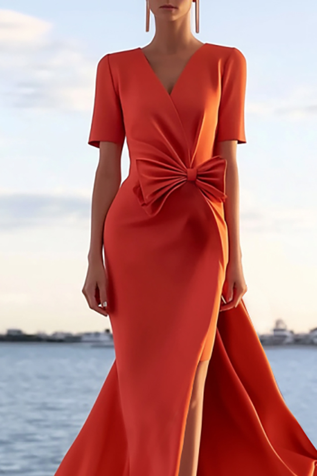 Formal Evening Dress Orange V-Neck Waist Bow Side Slit Floor-Length Dress