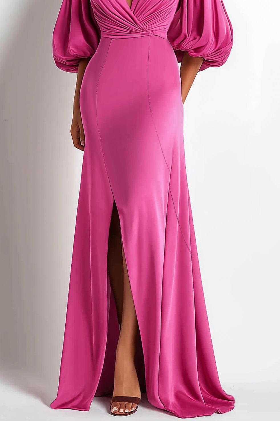 Formal Purple Gown Deep V Bubble Sleeve Side Slit Floor-Length Dress