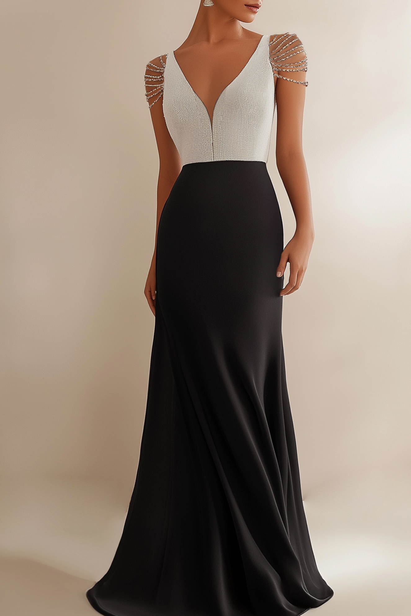 Evening Formal Dress Colorblock Chain V-Neck Floor-Length Dress