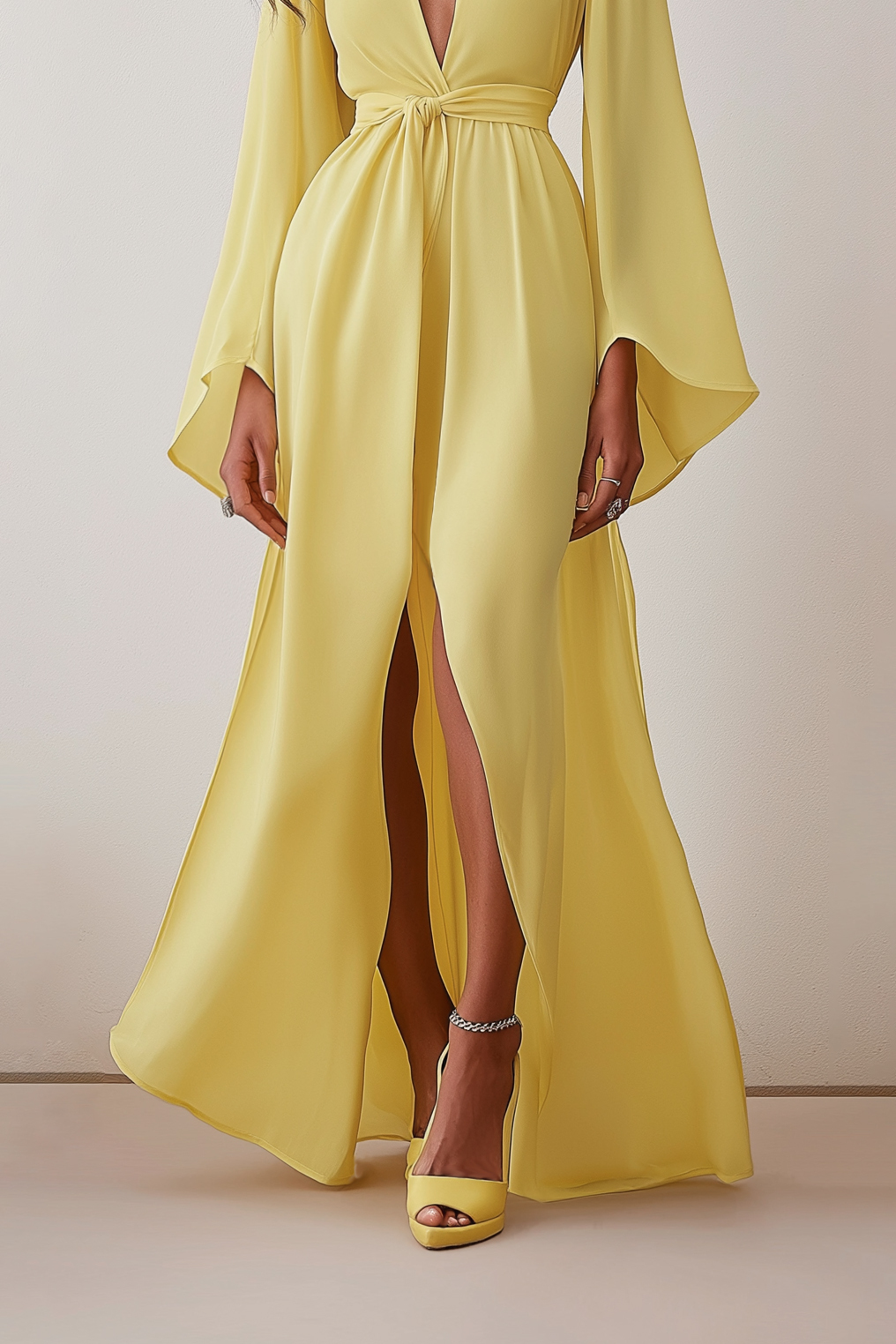 Party Yellow Dress Deep V Tie Waist Bell Sleeve Loose Floor-Length Dress