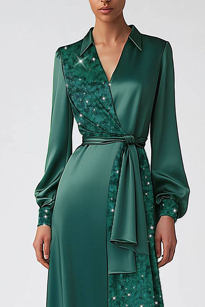 Daily Dark Green Dress V-neck Satin Sequins Splicing Decoration Midi Dress